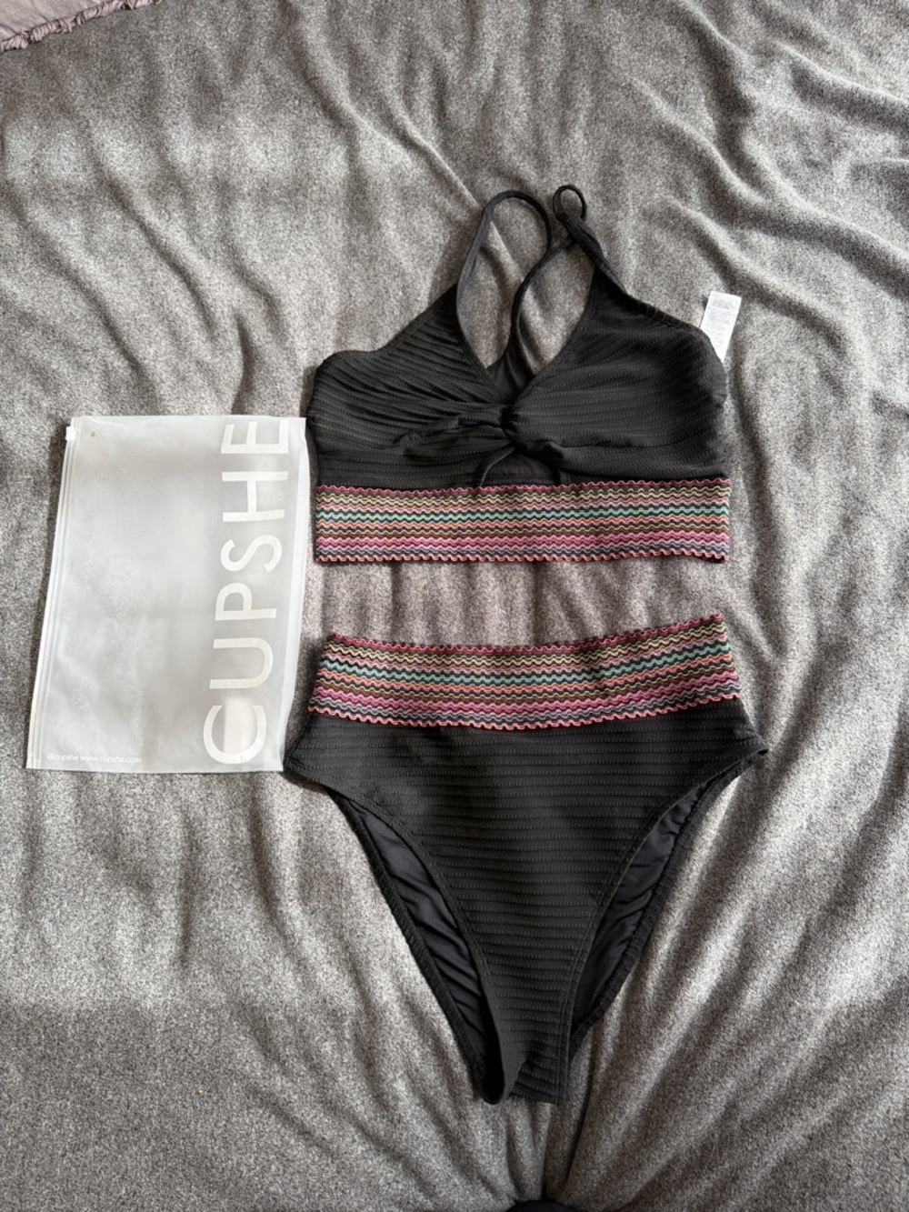 Cupshe Black Women’s One-Piece Style Swimsuit with Multicolor Zigzag Trim